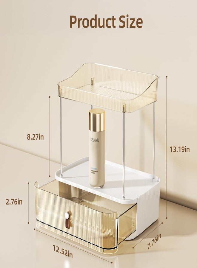 Delamu 3-Tier Bathroom Counter Organizer with Drawer, Multi-Purpose Makeup Organizer Countertop for Vanity, Large Cosmetic Display Case Perfume Tray Skincare Organizers, Amber - Image 4