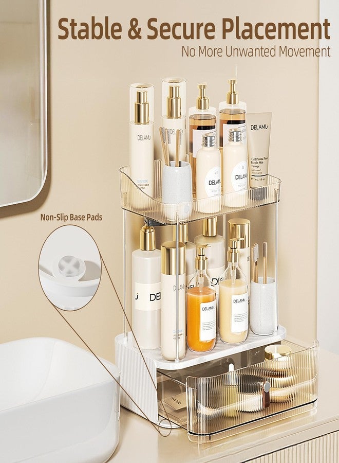 Delamu 3-Tier Bathroom Counter Organizer with Drawer, Multi-Purpose Makeup Organizer Countertop for Vanity, Large Cosmetic Display Case Perfume Tray Skincare Organizers, Amber - Image 5