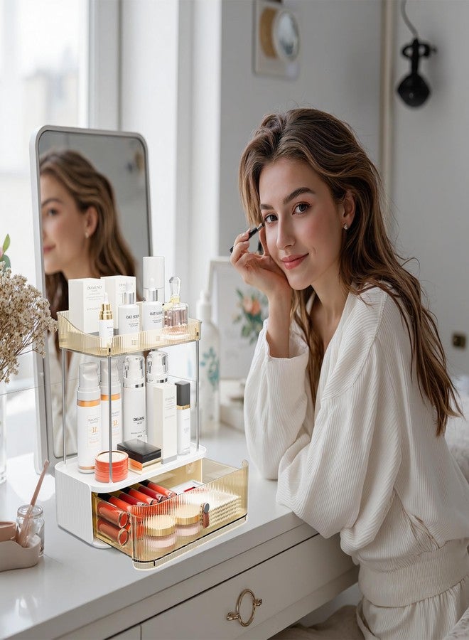 Delamu 3-Tier Bathroom Counter Organizer with Drawer, Multi-Purpose Makeup Organizer Countertop for Vanity, Large Cosmetic Display Case Perfume Tray Skincare Organizers, Amber - Image 3