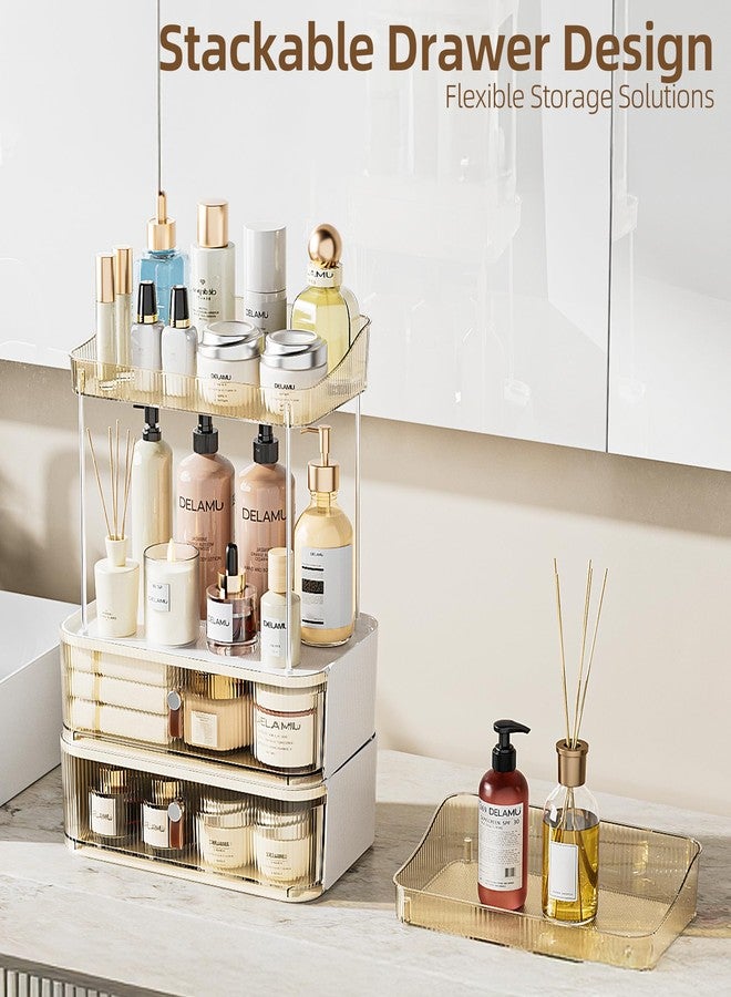 Delamu 3-Tier Bathroom Counter Organizer with Drawer, Multi-Purpose Makeup Organizer Countertop for Vanity, Large Cosmetic Display Case Perfume Tray Skincare Organizers, Amber - Image 2