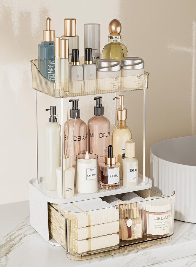 Delamu 3-Tier Bathroom Counter Organizer with Drawer, Multi-Purpose Makeup Organizer Countertop for Vanity, Large Cosmetic Display Case Perfume Tray Skincare Organizers, Amber - Image 1