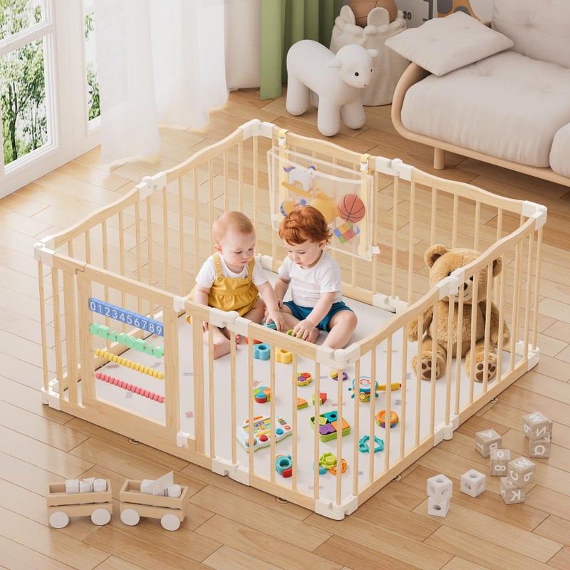Atoping Wooden Baby Playpen 50 Ã— 50 Inches, Foldable Playpen Fence with Cute Digital Blocks & Storage Bag, Wooden Baby Gate, Multi-Shape Play Yard for Babies and Toddlers Indoor Outdoor - Image 1