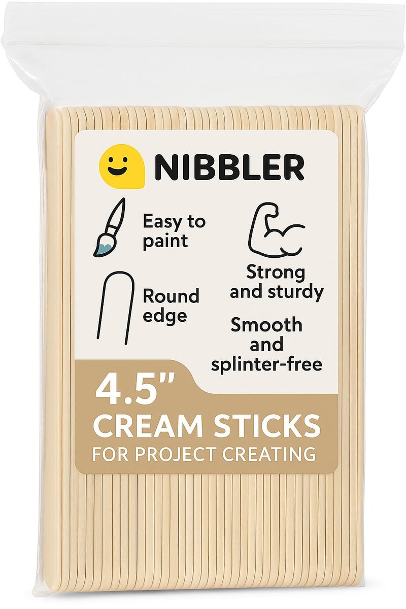 Nibbler 100 Pcs Natural Wooden Food Grade Craft Sticks - Ice Cream Stick - Popsicle - 4.5-inch Length - Suit Crafting, Stirring, Paddle, Waxing, Small Ice Pop Stick for DIY Kids (100 Sticks Plain) - Image 1
