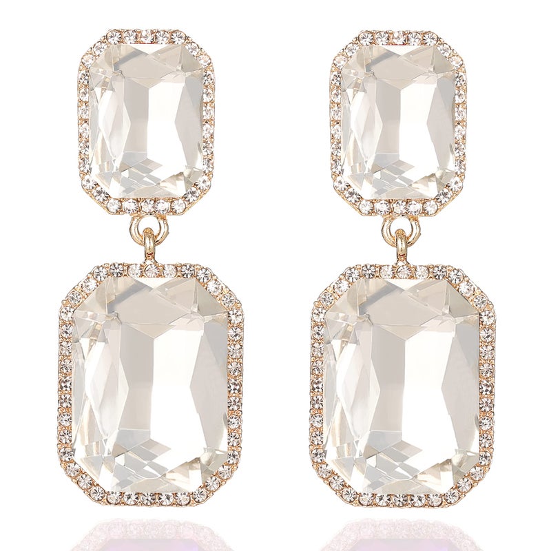 VANGETIMI Vintage Rhinestone Statement Earrings Fancy Big Crystal Rectangle Drop Dangle Earrings Evening Prom Pageant Jewelry Earrings for Women (Clear) - Image 1