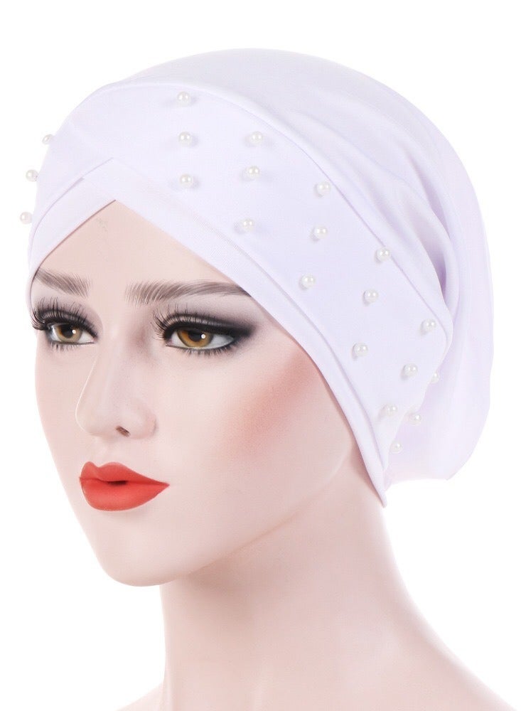 Women Beads Elastic Turban Hat Muslim Hijab Head Wrap,White 