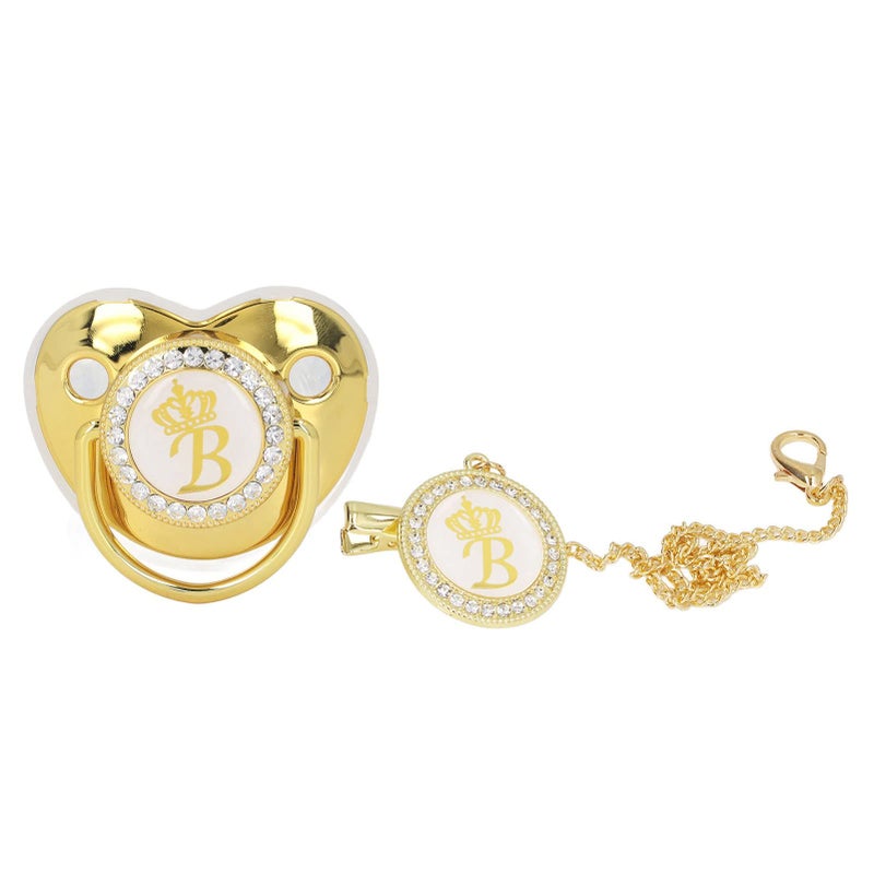 GLOGLOW Golden Letter Baby Pacifier, Personalized Bling Pacifier with Pacifier Clips and Anti-Dust Cover for Baby Shower Newborn Birthday Photography(Letter B) - Image 1