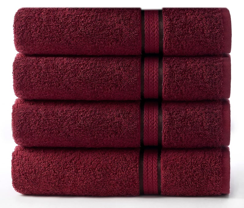 Cotton Craft Ultra Soft 4 Pack Oversized Extra Large Bath Towels 30x54 Burgundy Weighs 22 Ounces 100 Pure Ringspun Cotton Luxurious Rayon Trim Ideal for Everyday use Easy Care Machine wash
