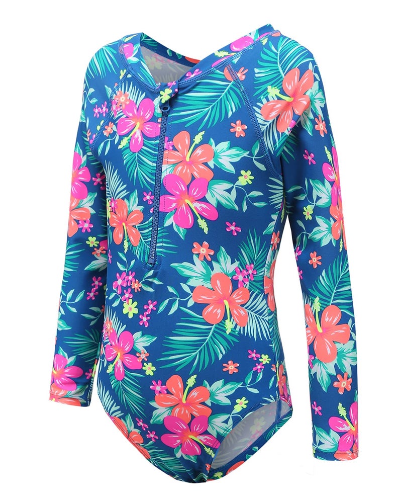Mardonskey Girls Long Sleeve Rash Guard Kids One Piece Swimsuit UPF 50+ Sun Protection Swimwear Bathing Suit Blue 8T - Image 1