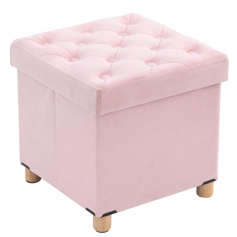 BRIAN  DANY Folding Storage Ottoman with Wood Legs Velvet Footstools Cube for Living Room and Bedroom 40x 40x 40 cm Pink