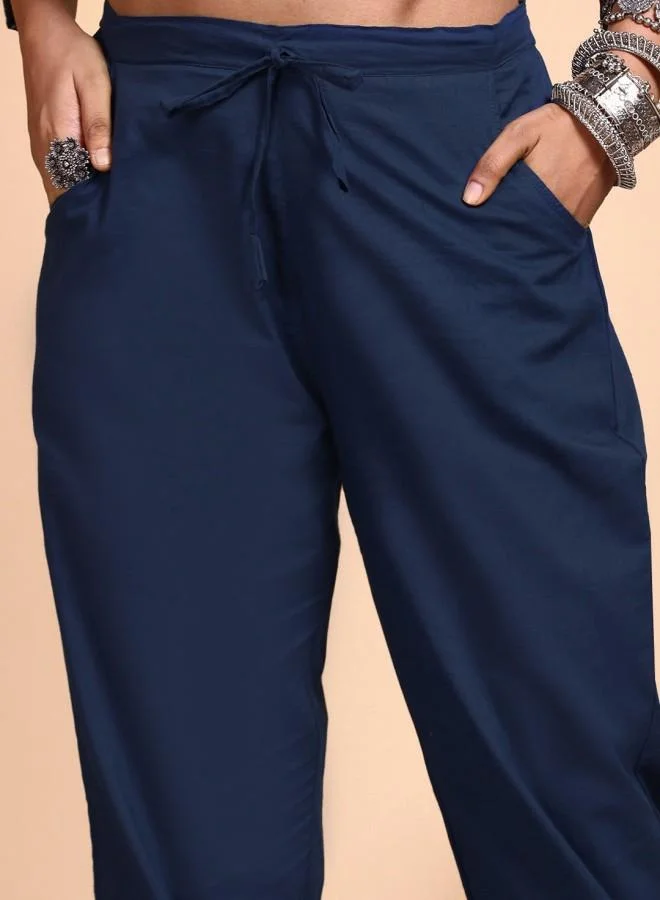 ISHIN Women's Indigo 100% Cotton Embroidered Tunic Full Length Palazzo Straight Fit Kurta Set