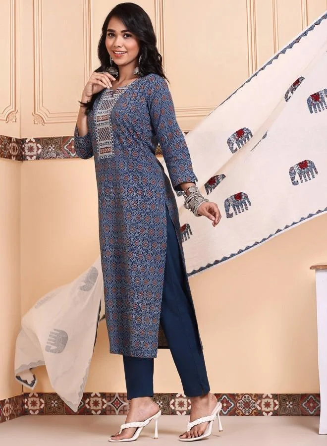 ISHIN Women's Indigo 100% Cotton Embroidered Tunic Full Length Palazzo Straight Fit Kurta Set