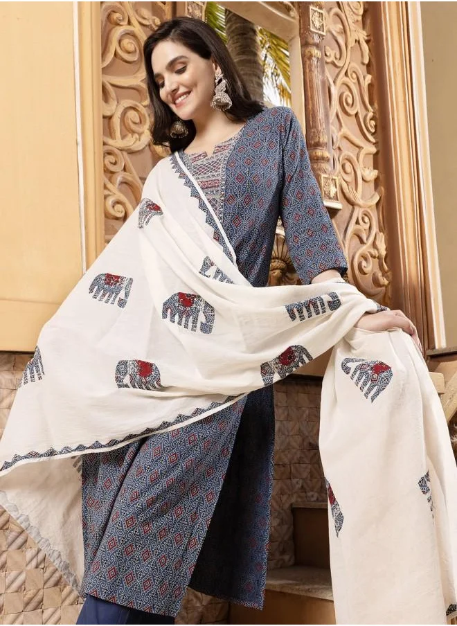 آي شين Mid Rise Women Indigo Cotton Kurta Set with Embroidered pattern Tunic and Palazzo features a Round neckline and Three-Fourth Sleeve secured with Elastic closure and styled in Straight Fit ideal for Festive moments — a must-have for your statement wardrobe.
