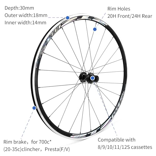 ZTZ 700C Road Bike Wheelset, Ultralight Aluminum Alloy 30mm Road Bike Wheel, 20H Front/24H Rear High-Strength Bike Rims, 700c Clincher, Rim Brake, Compatible 8-12 Speed Cassettes (Only Rear Wheel) - Image 4