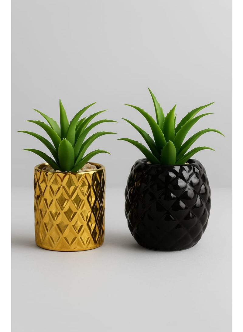 طقم 2 مزهريات بورسلين أنيقة (ذهبي + أسود) مع صبار صناعي أخضر – ديكور عصري للمكتب والمنزل