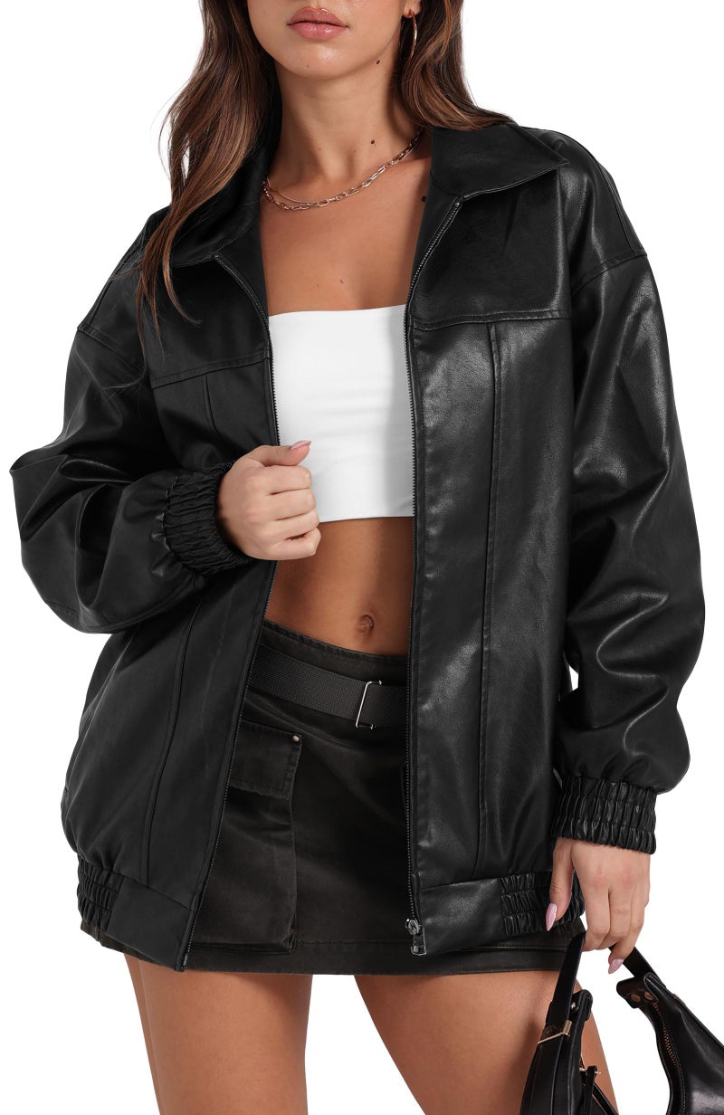 Sampeel Leather Jacket Women Faux Oversized Motorcycle Bomber Coats 2025 Fall Fashion Outfits Winter Clothes Black XS - Image 5