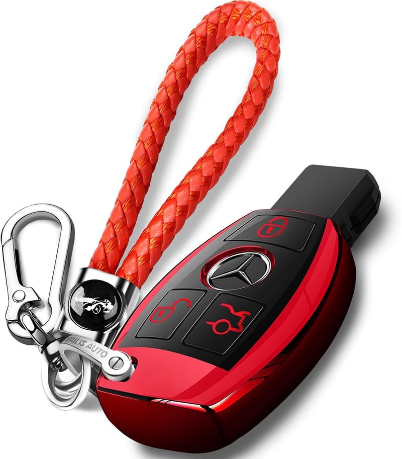 for Mercedes Benz Key Fob Cover with Keychain, Premium Soft TPU Key Case Cover Compatible with Mercedes Benz C E S M CLS CLK G Class Keyless Smart Key Fob_Red