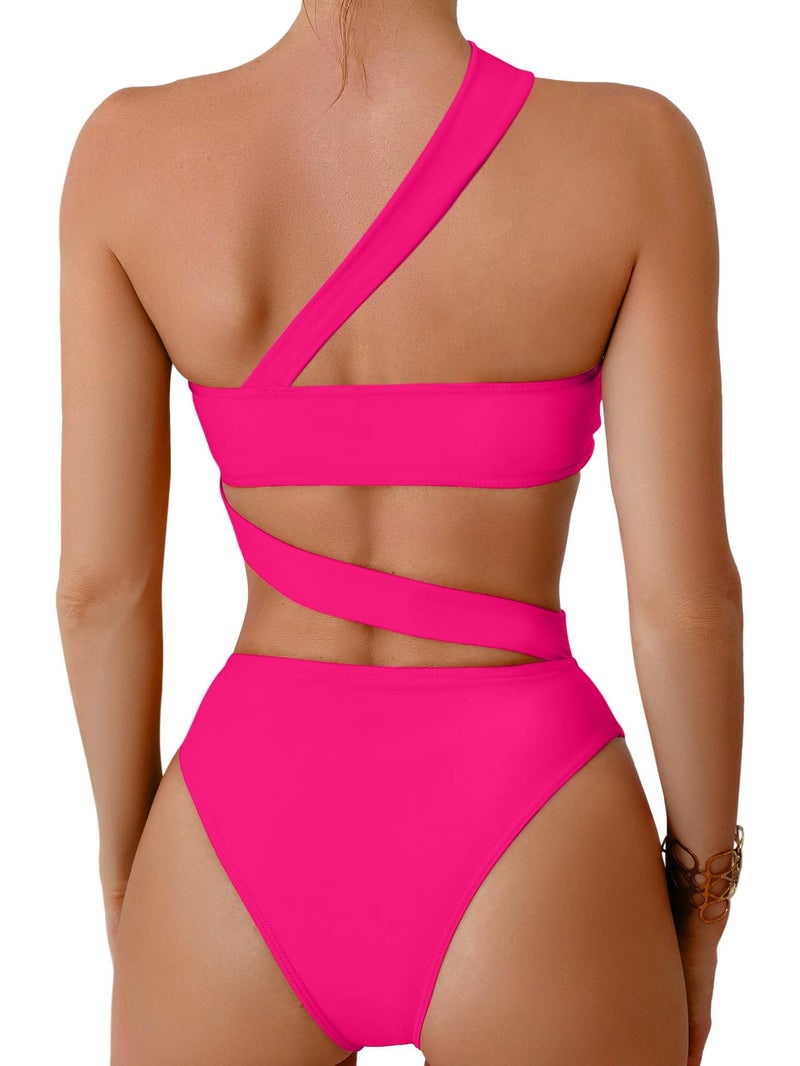 Lilosy Sexy Cutout Tube One Shoulder Swimsuit High Waist Piece Cheekly Bikini Brazilian Women Bandeau Bathing Suit Hot Pink Medium - Image 2