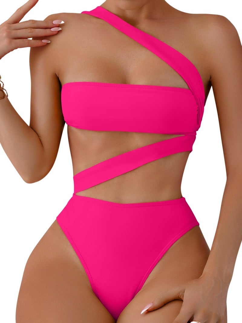Lilosy Sexy Cutout Tube One Shoulder Swimsuit High Waist Piece Cheekly Bikini Brazilian Women Bandeau Bathing Suit Hot Pink Medium - Image 1