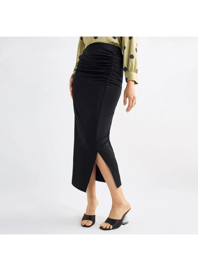 FAV Ruched Detail Midi Pencil Skirt with Slit