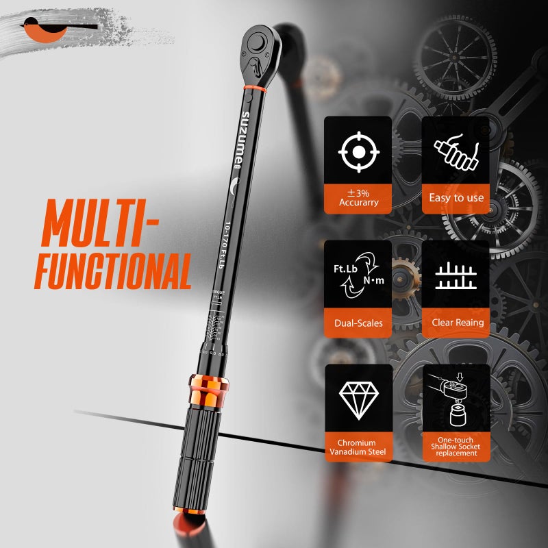 SUZUME Torque Wrench 1/2 Drive (10-170 Ft. Lb/ 14-231 N.m) Â±3% High Accuracy Torque Wrench 72 Tooth Dual-Direction Adjustable Dual-Scales Torque Wrenches for Bicycle, Moto, Car - Image 5