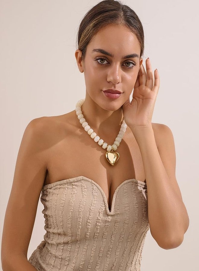 FAUTHENTICUTE Gold Heart Necklaces for Women Chubby White Beaded Necklace With A Puffy Heart Pendant Chunky Boho Statement Necklace - Image 3