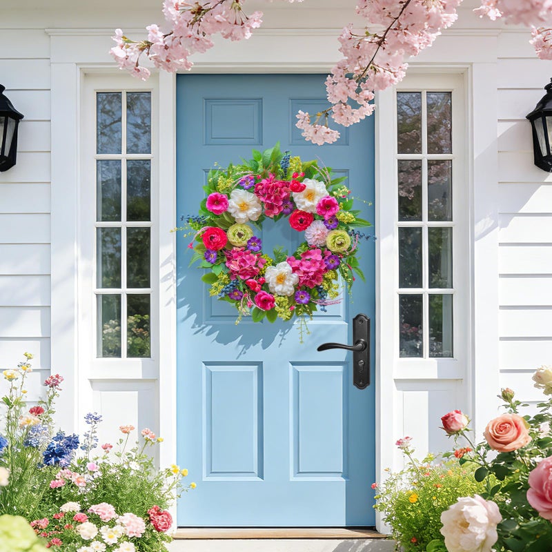 Pinkpuii Spring Wreaths for Front Door 24 Inch Lush Spring Door Wreath with Pink Peonies, Roses, White Blooms & Greenery, Garden Style Summer Flower Wreath for Front Porch, Entryway & Wall Window - Image 2