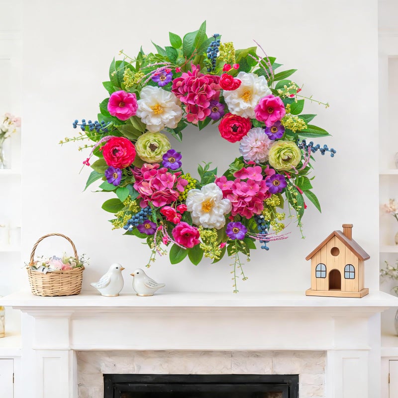 Pinkpuii Spring Wreaths for Front Door 24 Inch Lush Spring Door Wreath with Pink Peonies, Roses, White Blooms & Greenery, Garden Style Summer Flower Wreath for Front Porch, Entryway & Wall Window - Image 5