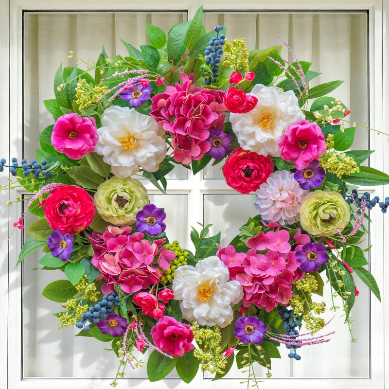 Pinkpuii Spring Wreaths for Front Door 24 Inch Lush Spring Door Wreath with Pink Peonies, Roses, White Blooms & Greenery, Garden Style Summer Flower Wreath for Front Porch, Entryway & Wall Window - Image 4