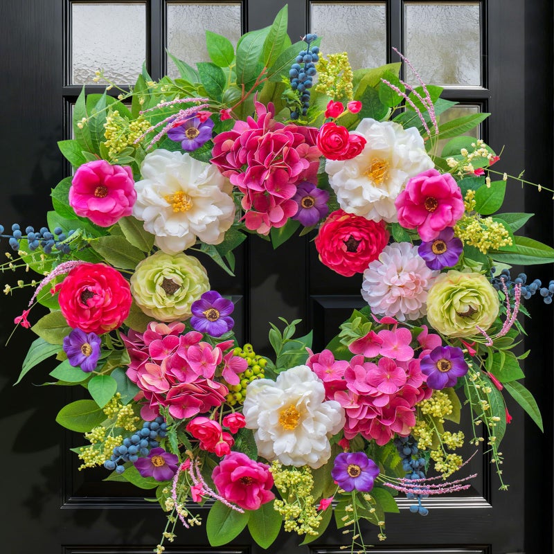 Pinkpuii Spring Wreaths for Front Door 24 Inch Lush Spring Door Wreath with Pink Peonies, Roses, White Blooms & Greenery, Garden Style Summer Flower Wreath for Front Porch, Entryway & Wall Window - Image 1