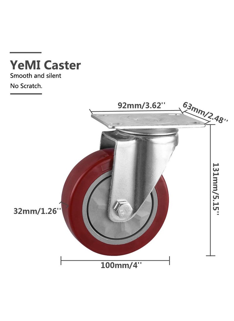 YAEMIKY 4 Inch Heavy Duty Plate Casters Set of 4 434 PVC Swivel Casters with Brakes No Noise Wheels for Furniture Industrial 1200LbsRed  - Image 3