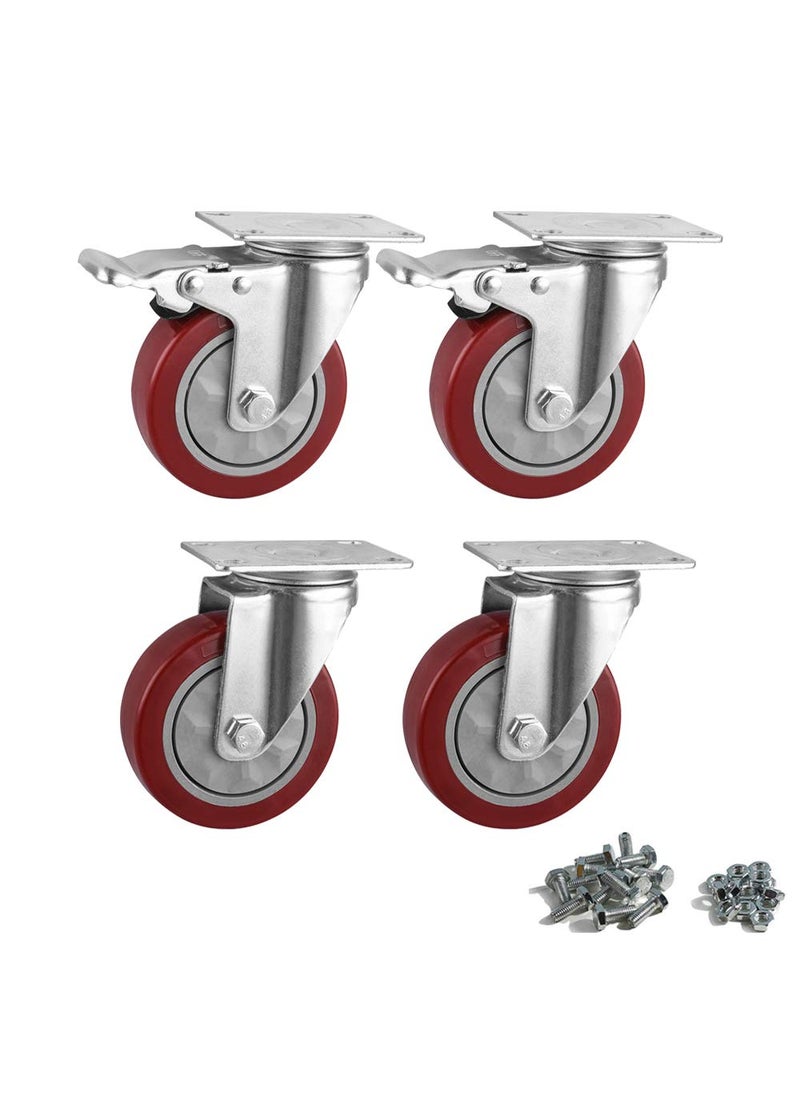 YAEMIKY 4 Inch Heavy Duty Plate Casters Set of 4 434 PVC Swivel Casters with Brakes No Noise Wheels for Furniture Industrial 1200LbsRed  - Image 1