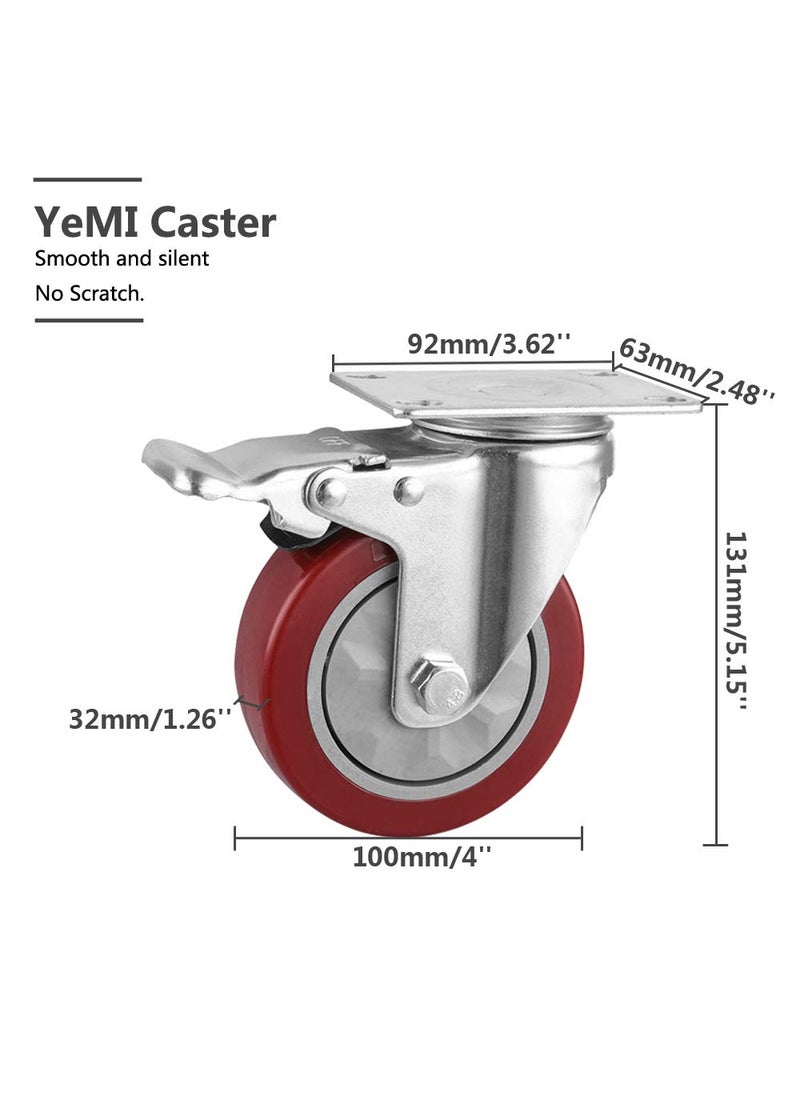 YAEMIKY 4 Inch Heavy Duty Plate Casters Set of 4 434 PVC Swivel Casters with Brakes No Noise Wheels for Furniture Industrial 1200LbsRed  - Image 2
