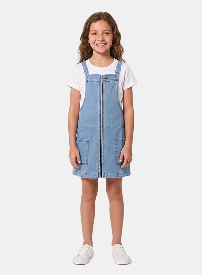 Andora Sleeveless Square Neckline Zipped Girls Denim Dress - Light Blue - Image 1