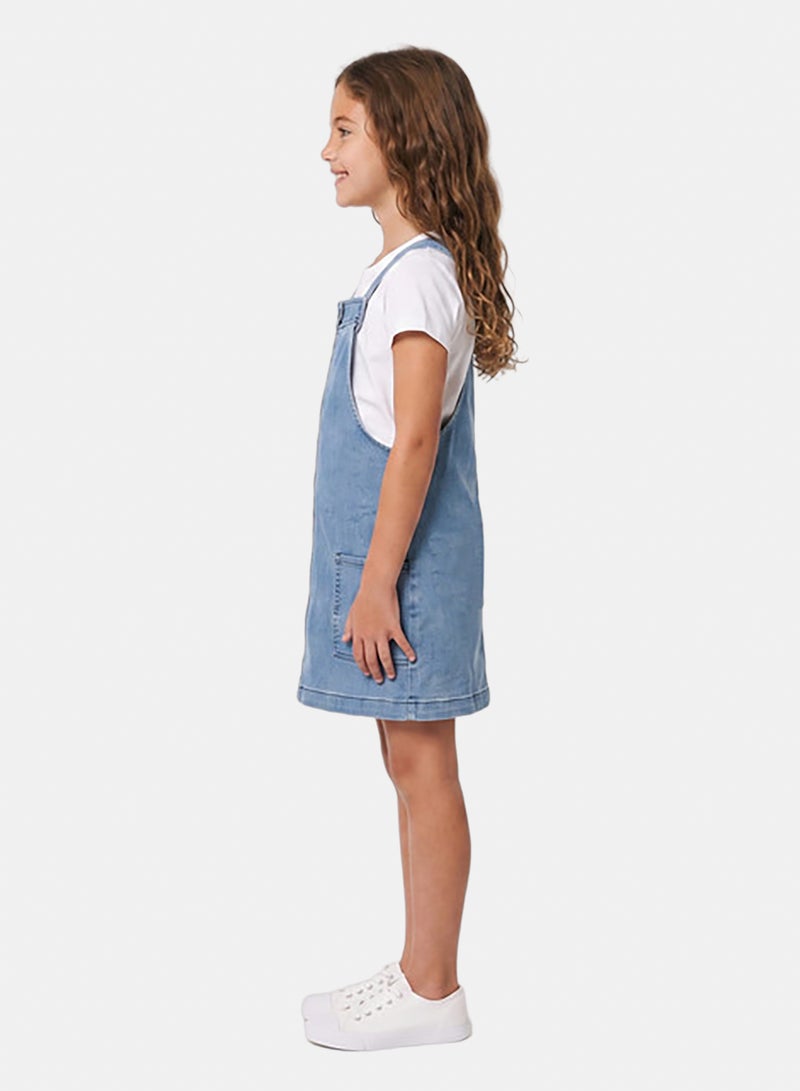 Andora Sleeveless Square Neckline Zipped Girls Denim Dress - Light Blue - Image 2