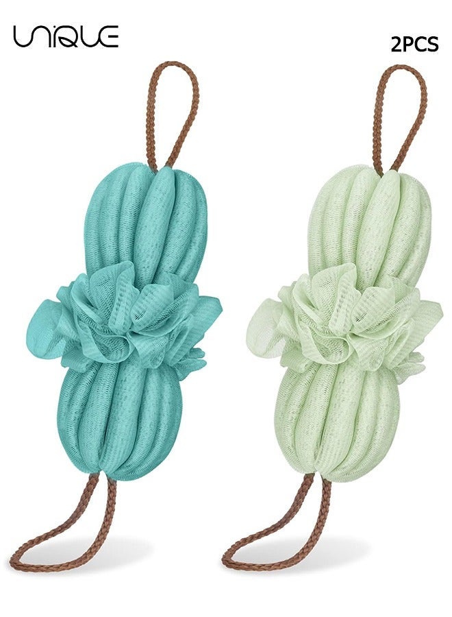 Unique Shower Loofah Sponge - 2 Pack Long Stretch Back Sponge Exfoliating with Rope Handles - Back Scrubber for Shower Body Scrub Stretch Loofah for Women and Men (Green & Light Green) - Image 1