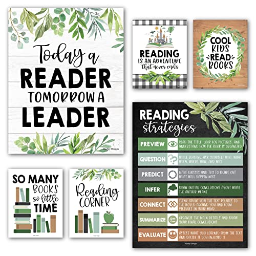 Hadley Designs Motivational Reading Posters For Classroom Elementary –6 Reading Strategies Posters For Classroom, Read Corner School Library Decor, Wall Read Sign, Farmhouse Bulletin Board Decorations - Image 1