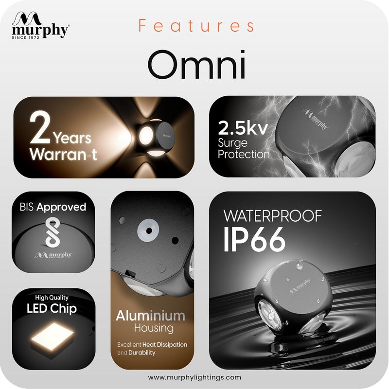 Murphy LED Outdoor Up/Down Wall Light - 6W, Warm White, (4 Multi-Directional Beams), IP65 Waterproof Aluminum Body, Pack of 1 (2-Year Warranty) - Image 4
