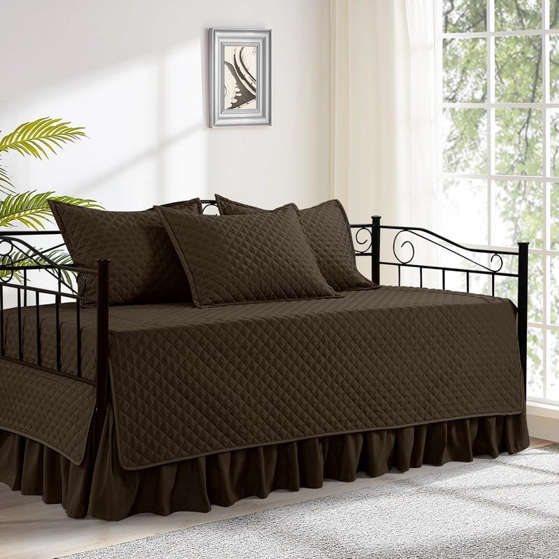 HOMBYS Daybed Cover Sets- Diamond Stitching Daybed Bedding Set, All Season Cozy Bedding with Bedskirt with Shams, Microfiber Filling, 5 Pieces, Coffee Color - Image 1
