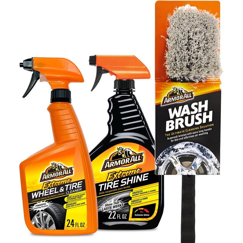 Armor All Wheel Cleaner and Tire Shine Kit, Heavy Duty Car Wheel Cleaner, Extreme Tire Shine Spray and Wash Brush - 3 Count - Image 1
