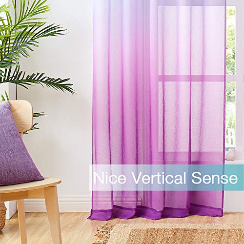 July Joy Faux Linen Ombre Sheer Curtains Blue and Purple 2 Tone Reversible Rod Pocket for Girls Bedroom, Privacy and Light Filtering Semi Gradient Window Curtain Pair, Set of 2 Panels, 54 x 63 inch - Image 4