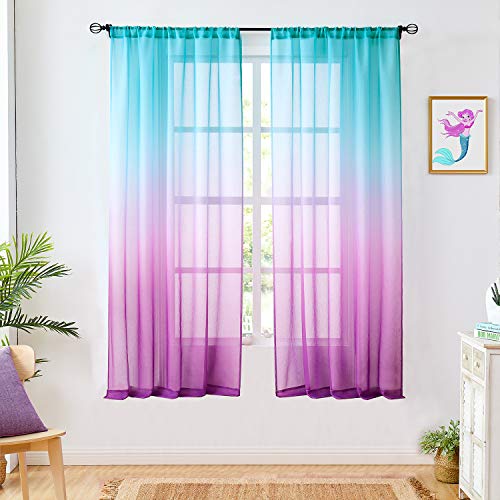 July Joy Faux Linen Ombre Sheer Curtains Blue and Purple 2 Tone Reversible Rod Pocket for Girls Bedroom, Privacy and Light Filtering Semi Gradient Window Curtain Pair, Set of 2 Panels, 54 x 63 inch - Image 1
