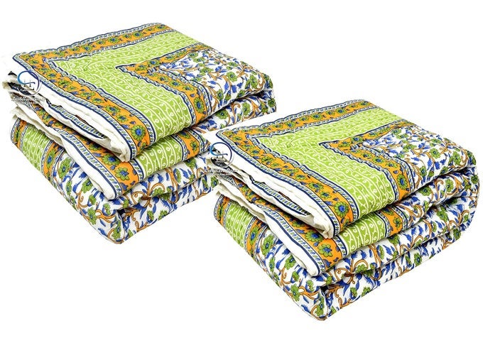 210 TC SINGLE BED JAIPURI COTTON RAZAI BLANKET AC QUILT SOFT LIGHT WEIGHT RAJASTHANI TRADITIONAL RAJAI COMFORTER 85 X 55 INCH GREEN PACK OF 2