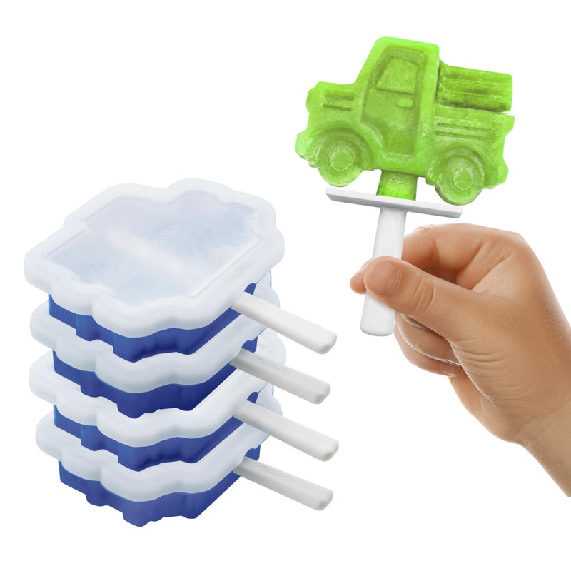 Tovolo Stackable Popsicle Molds with Sticks 4Pack Truck Shaped Pop Molds with Lid Reusable Silicone Ice Pop Maker for Kids Homemade Frozen Snacks Treats Drip Guards BPAFree Dishwasher Safe