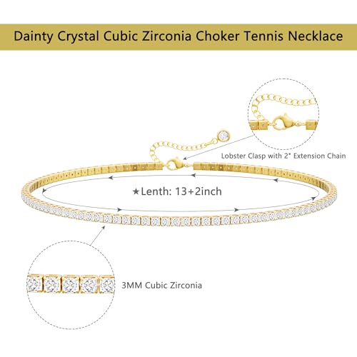 Robaice Tennis Necklace for Women, 14K Gold Plated Rhinestone Choker Necklace for Women, Dainty Cubic Zirconia Cut Faux Diamond Chain 3mm - Image 5