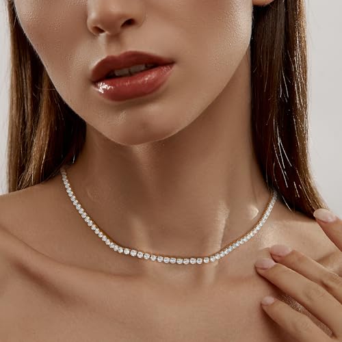 Robaice Tennis Necklace for Women, 14K Gold Plated Rhinestone Choker Necklace for Women, Dainty Cubic Zirconia Cut Faux Diamond Chain 3mm - Image 3
