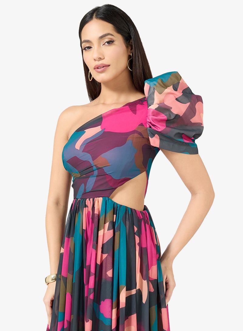 فيرجوس لاونج فستان ماكسي كتف واحد بطبعة رينيه بفتحة - Image 3