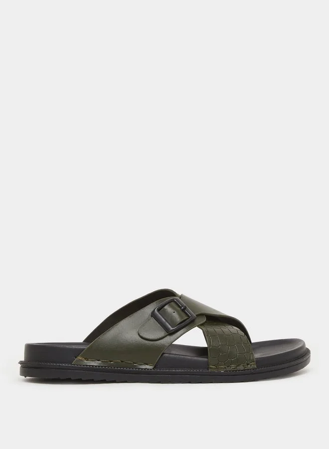 Styli Olive Green Cross Strap Buckle Sandals