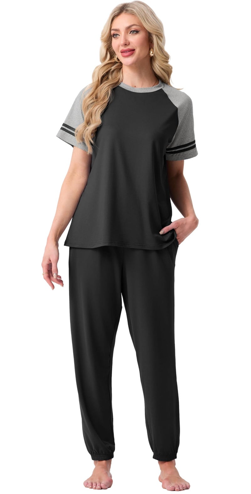PrinStory Womens Pajama Sets Short Sleeve Pjs 2 Piece Lounge Set Soft Pj Sets Lightweight Sleepwear Loungewear with Pockets Black-M - Image 4