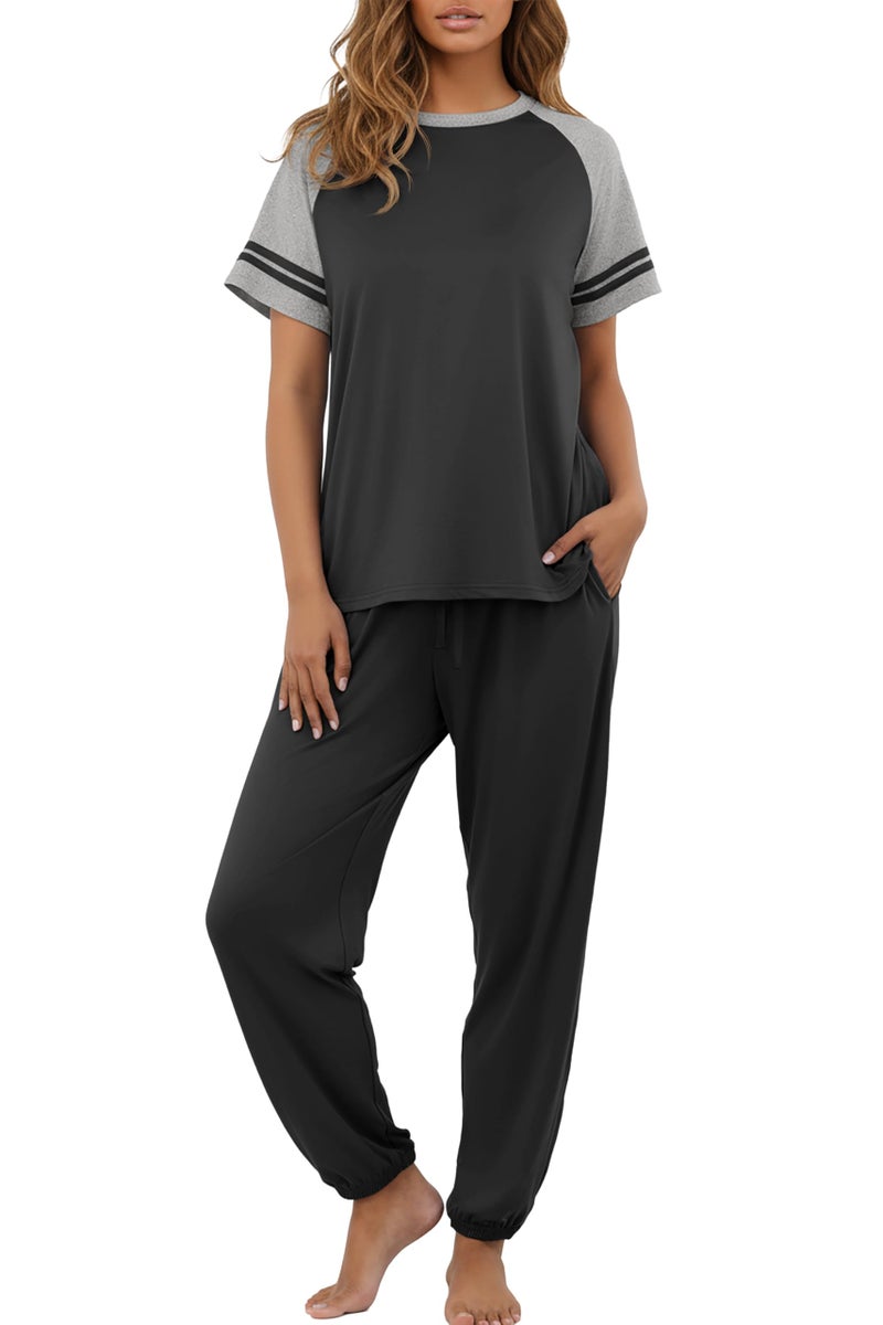 PrinStory Womens Pajama Sets Short Sleeve Pjs 2 Piece Lounge Set Soft Pj Sets Lightweight Sleepwear Loungewear with Pockets Black-M - Image 1