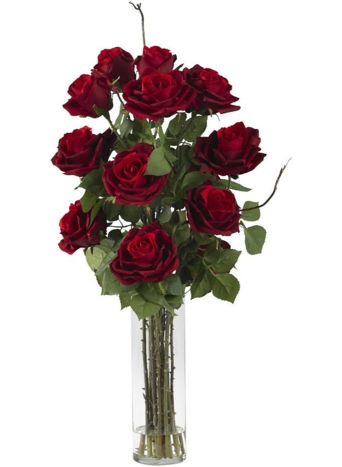 Red Silk Rose Flower Arrangement with Cylinder Vase and Faux Water